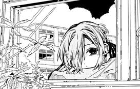 A picture of mitsuba sousuke from toilet bound hanako kun resting his head against the window frame while staring outside in black and white.